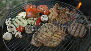 蔬菜、烤西红柿、蘑菇、大块牛排、牛肉、鸡腿、汉堡、家庭休闲、开放